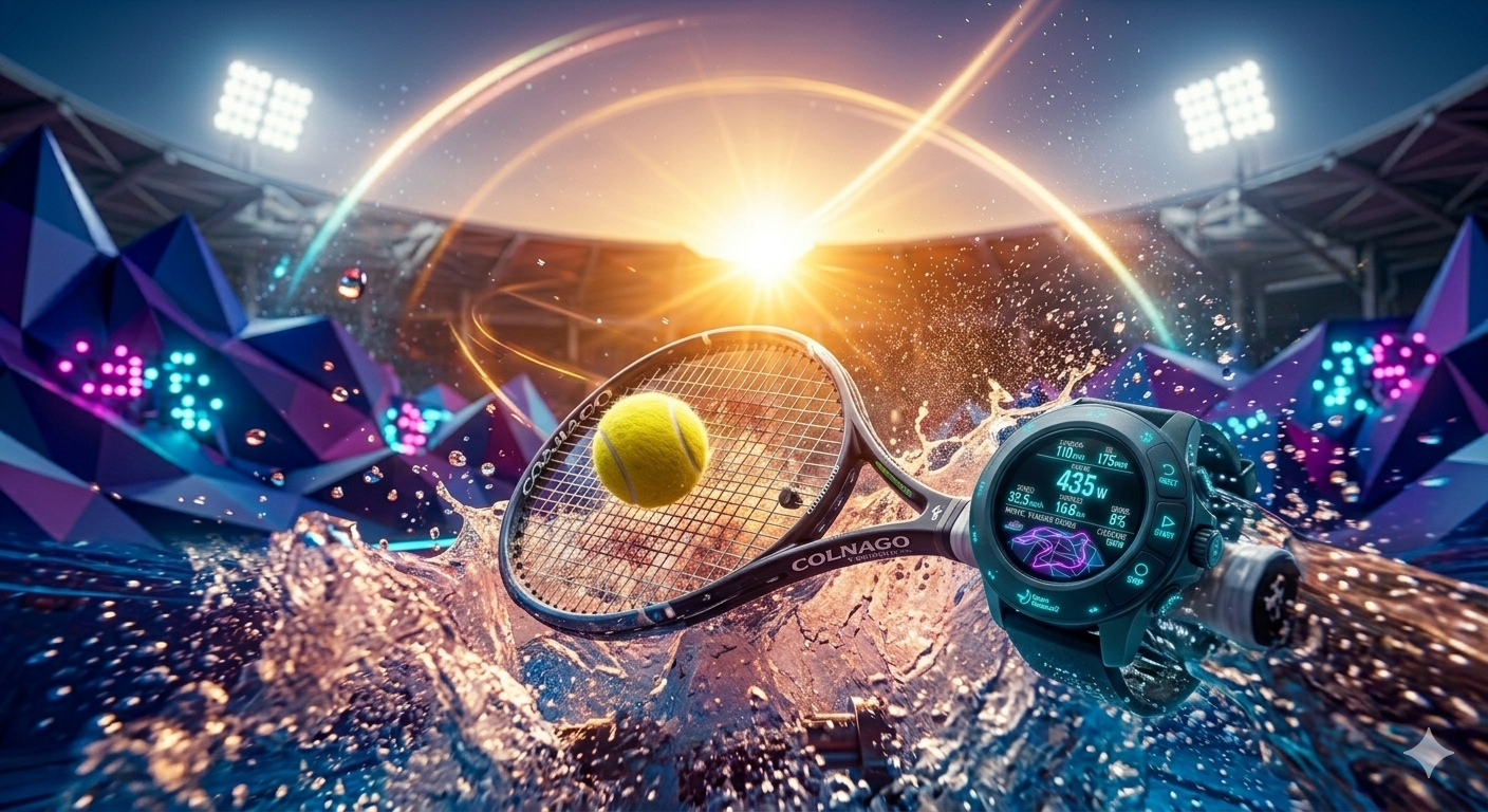 A beautifully lit close-up of a tennis racket hitting a ball, fast motion blur, water droplets, vibrant high contrast colors, professional sports photography
